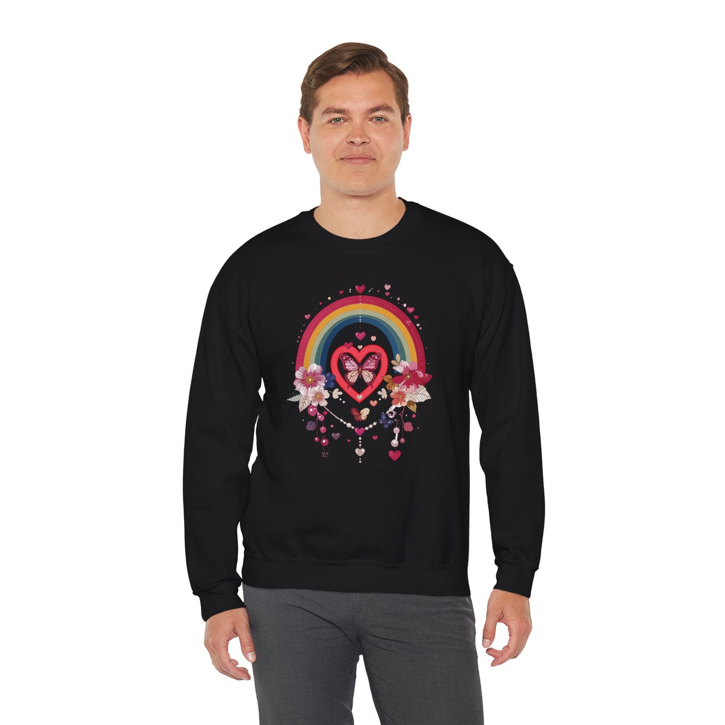 Rainbow Heart Floral Unisex Sweatshirt Crewneck Love Valentine's Day Graphic Gildan 18000