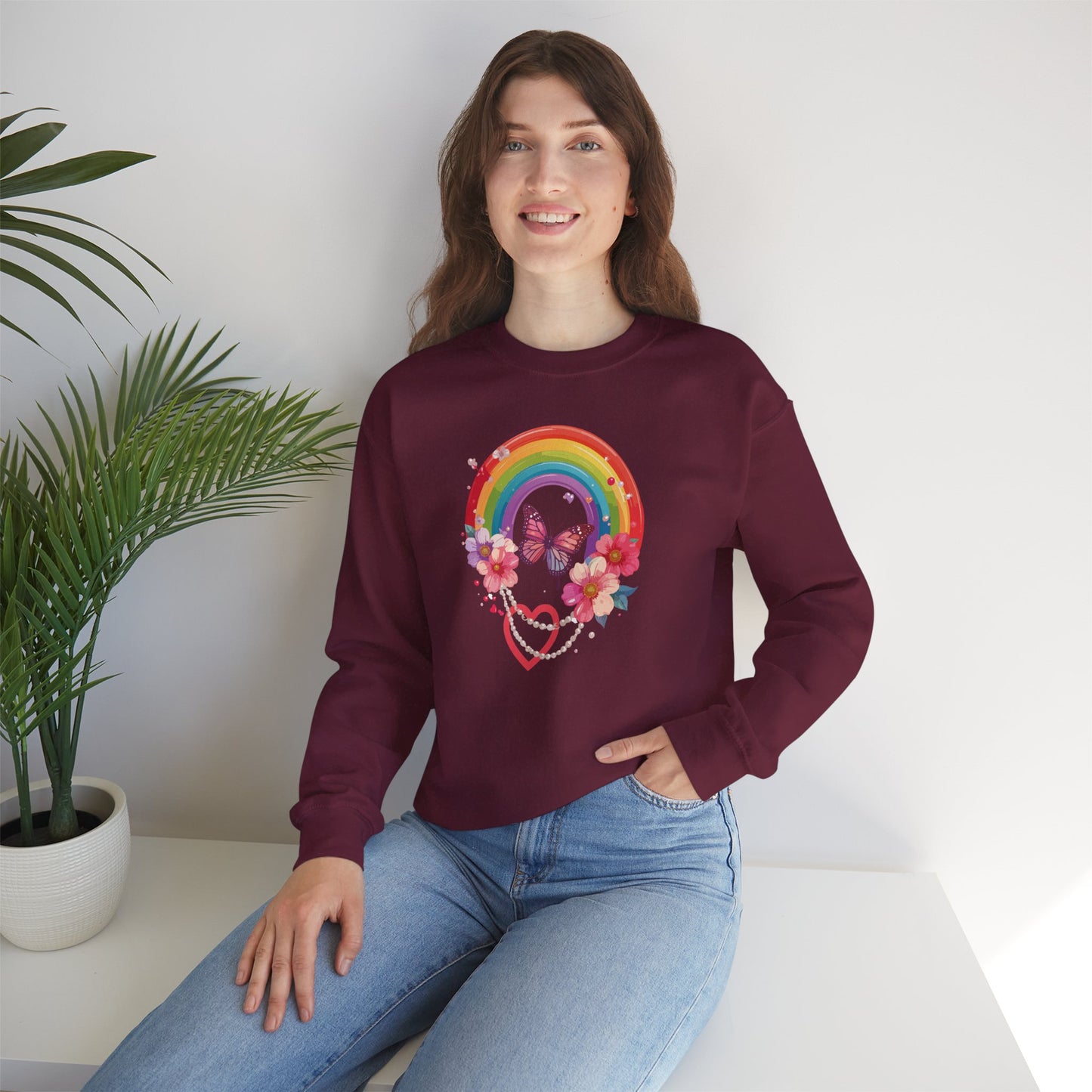 Rainbow Heart Floral Sweatshirt Unisex Valentines Day Love Gift Gildan 18000 Sweatshirt