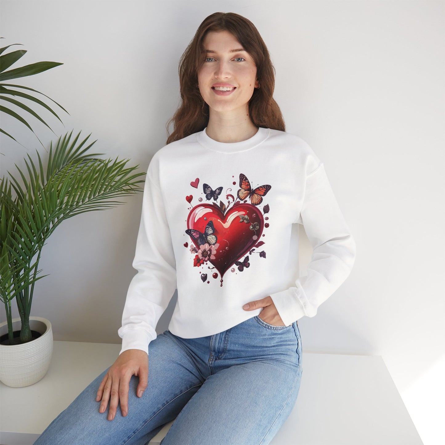Unisex Heavy Blend Crewneck Sweatshirt Red Heart Floral Design Valentines Day Gift