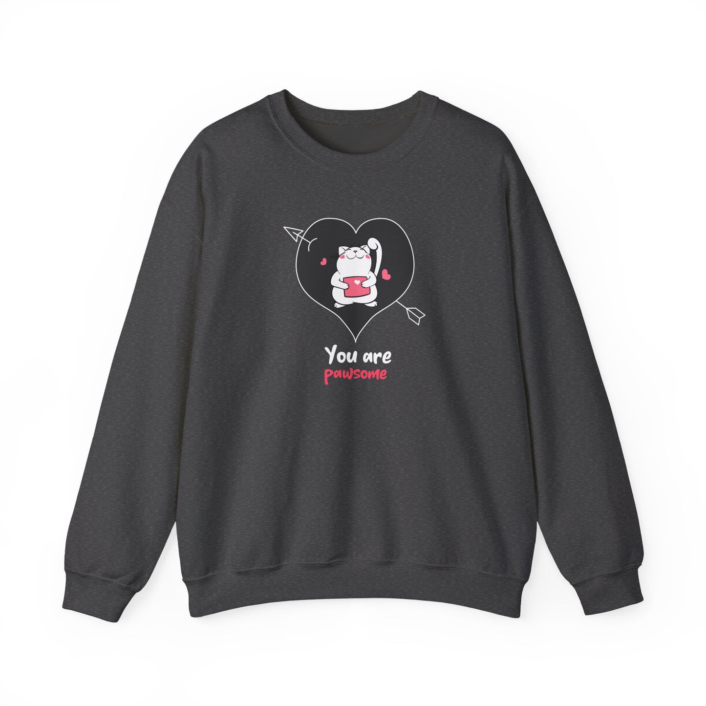 Cat Heart Sweatshirt Unisex Valentines Day Fifty Fifty Cotton Poly Crewneck Gildan 18000