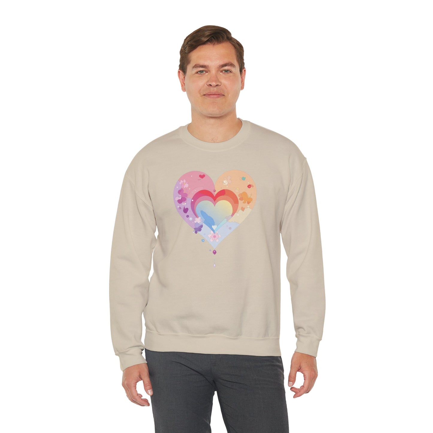 Rainbow Heart Floral Sweatshirt Unisex Valentines Day Gift Cozy Crewneck Sweatshirt