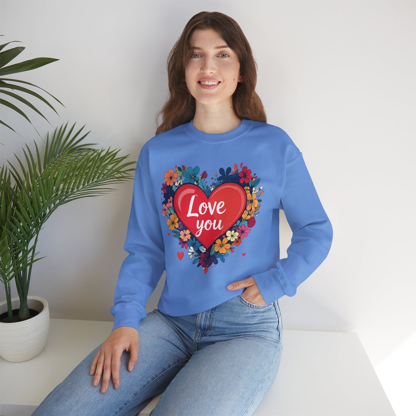 Unisex Floral Heart Sweatshirt Valentines Day Gift Cozy Crewneck Fifty Fifty Blend