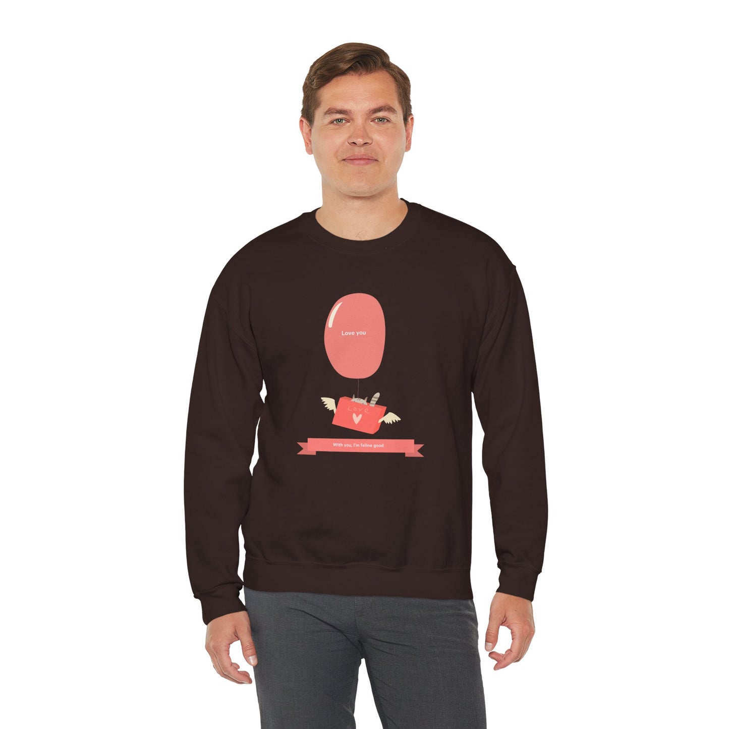 Cat Love Balloon Sweatshirt Unisex Fifty Fifty Cotton Poly Valentine Heavy Blend Crewneck Sweatshirt