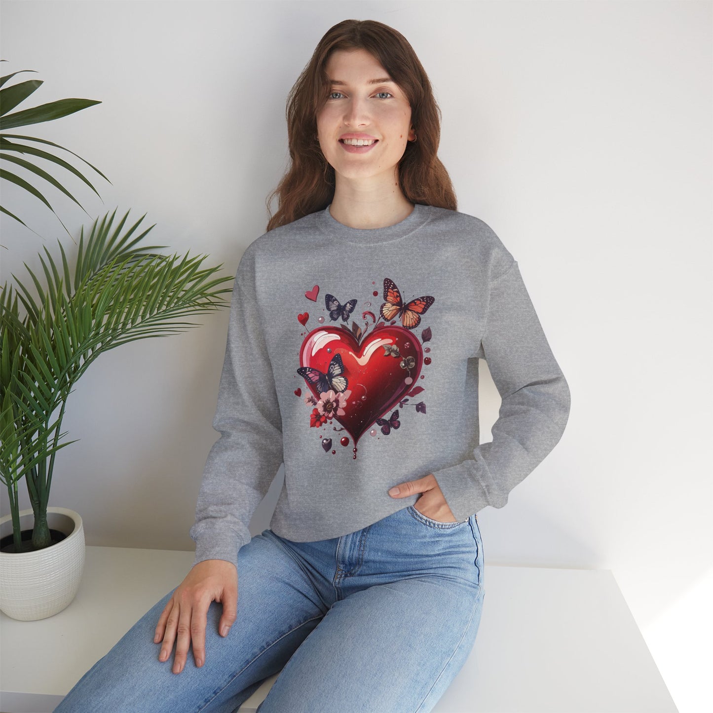 Unisex Heavy Blend Crewneck Sweatshirt Red Heart Floral Design Valentines Day Gift