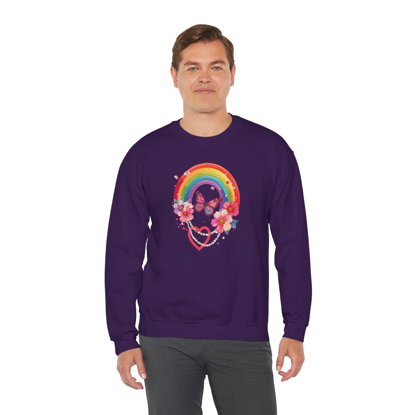 Rainbow Heart Floral Sweatshirt Unisex Valentines Day Love Gift Gildan 18000 Sweatshirt