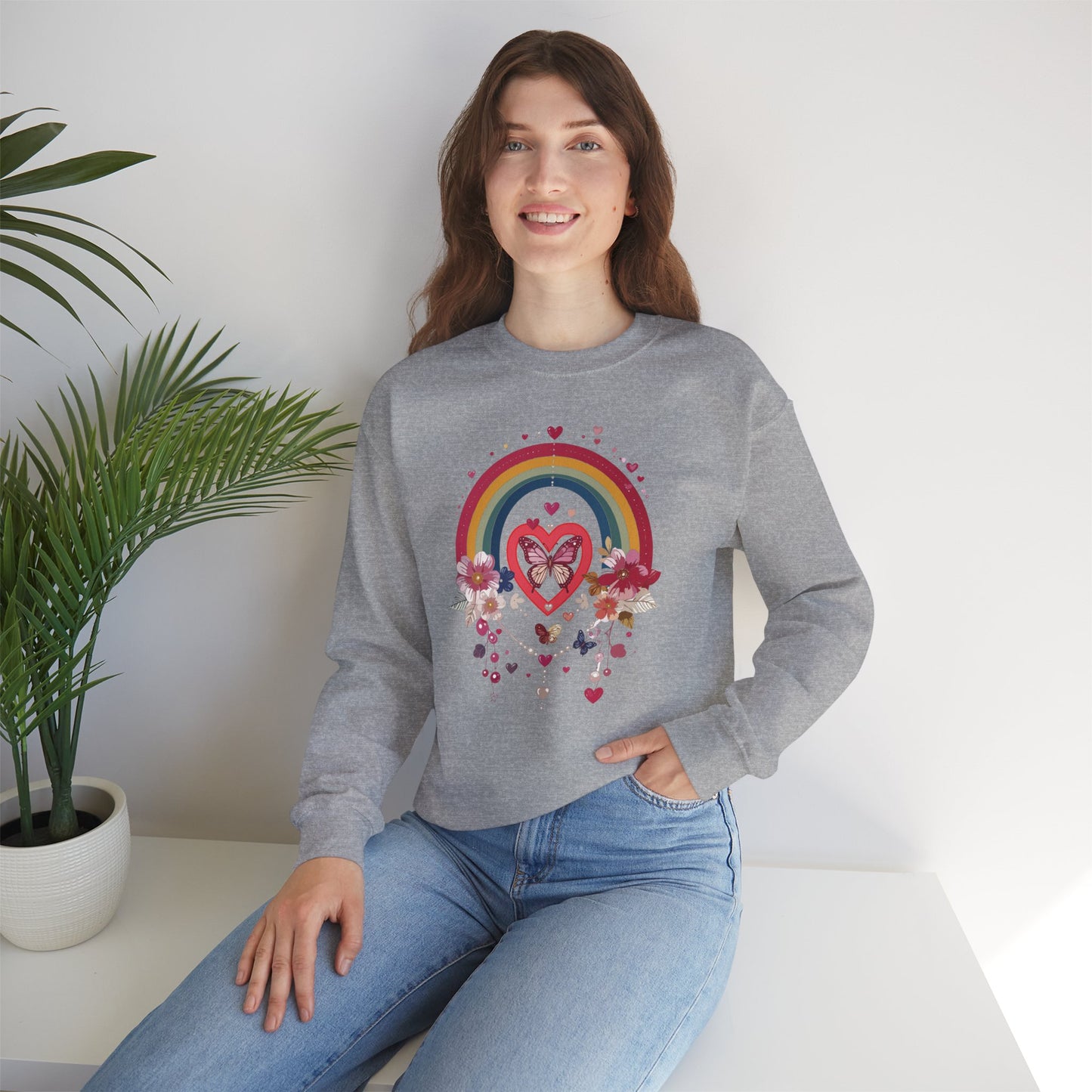 Rainbow Heart Floral Unisex Sweatshirt Crewneck Love Valentine's Day Graphic Gildan 18000