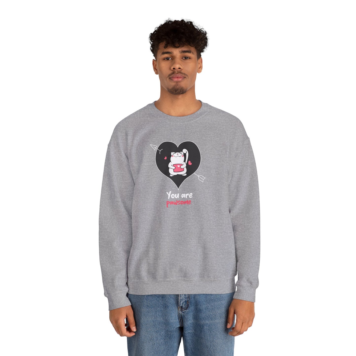 Cat Heart Sweatshirt Unisex Valentines Day Fifty Fifty Cotton Poly Crewneck Gildan 18000
