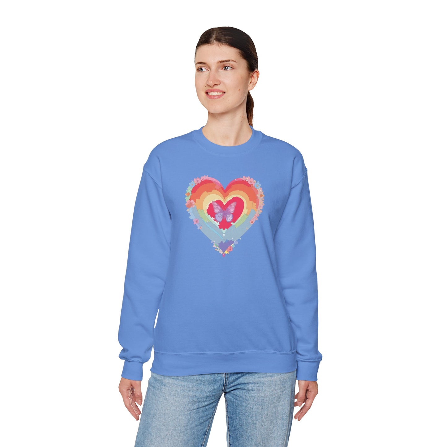 Rainbow Heart Floral Sweatshirt For Valentines Day Unisex Heavy Blend Crewneck Warm