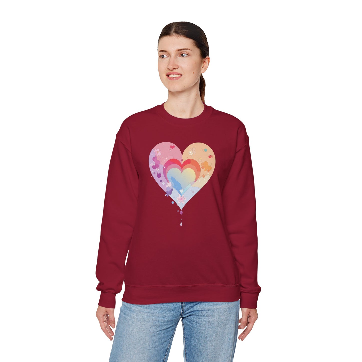 Rainbow Heart Floral Sweatshirt Unisex Valentines Day Gift Cozy Crewneck Sweatshirt