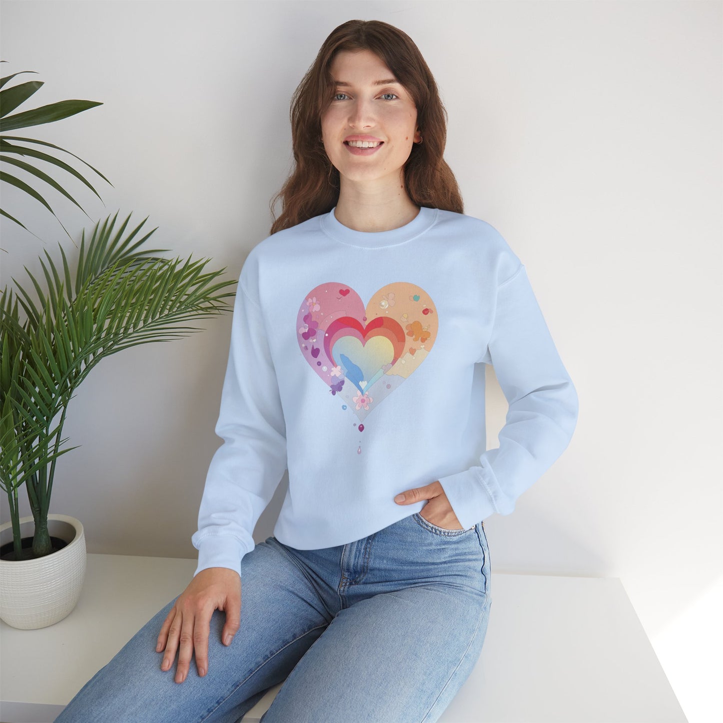Rainbow Heart Floral Sweatshirt Unisex Valentines Day Gift Cozy Crewneck Sweatshirt