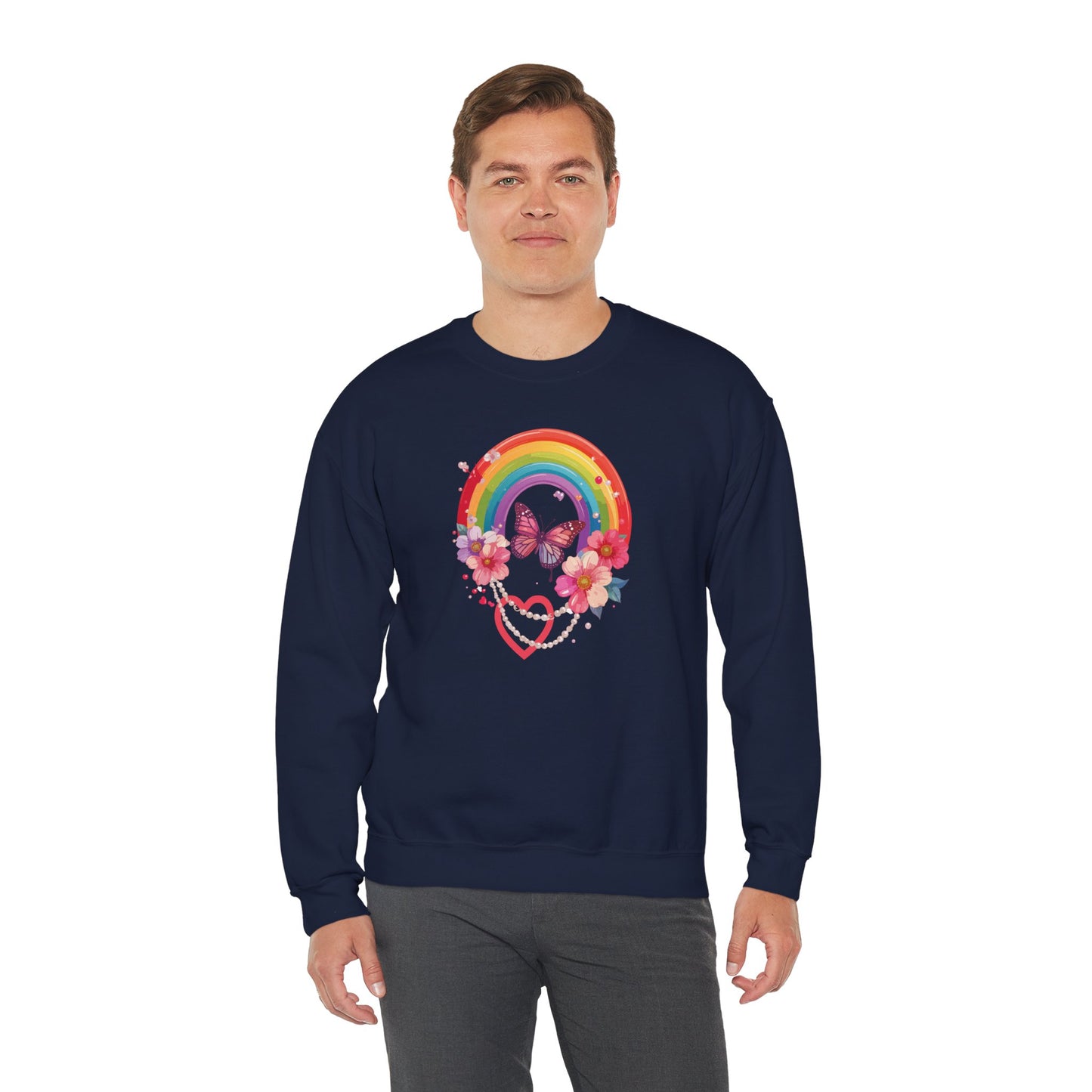 Rainbow Heart Floral Sweatshirt Unisex Valentines Day Love Gift Gildan 18000 Sweatshirt