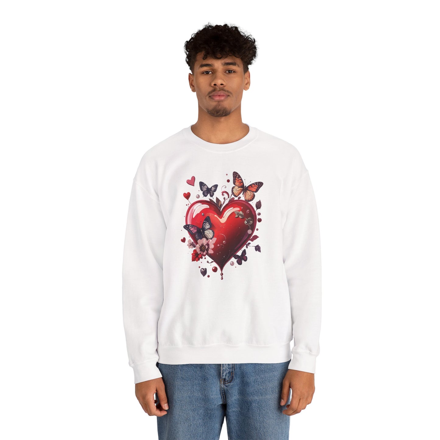 Unisex Heavy Blend Crewneck Sweatshirt Red Heart Floral Design Valentines Day Gift