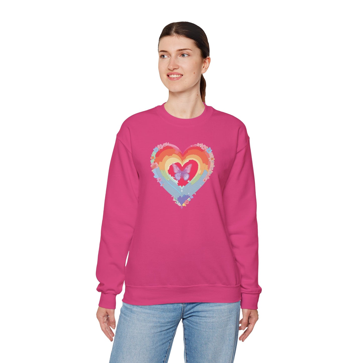 Rainbow Heart Floral Sweatshirt For Valentines Day Unisex Heavy Blend Crewneck Warm