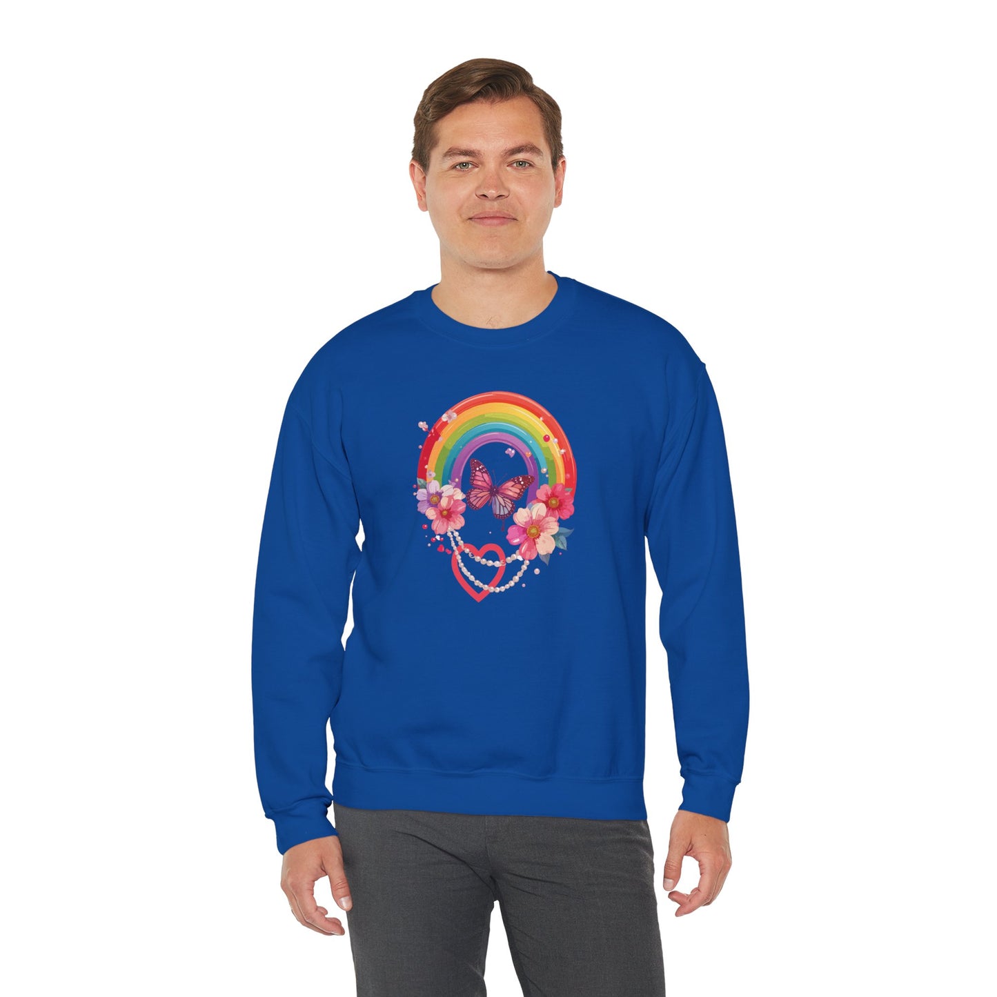 Rainbow Heart Floral Sweatshirt Unisex Valentines Day Love Gift Gildan 18000 Sweatshirt