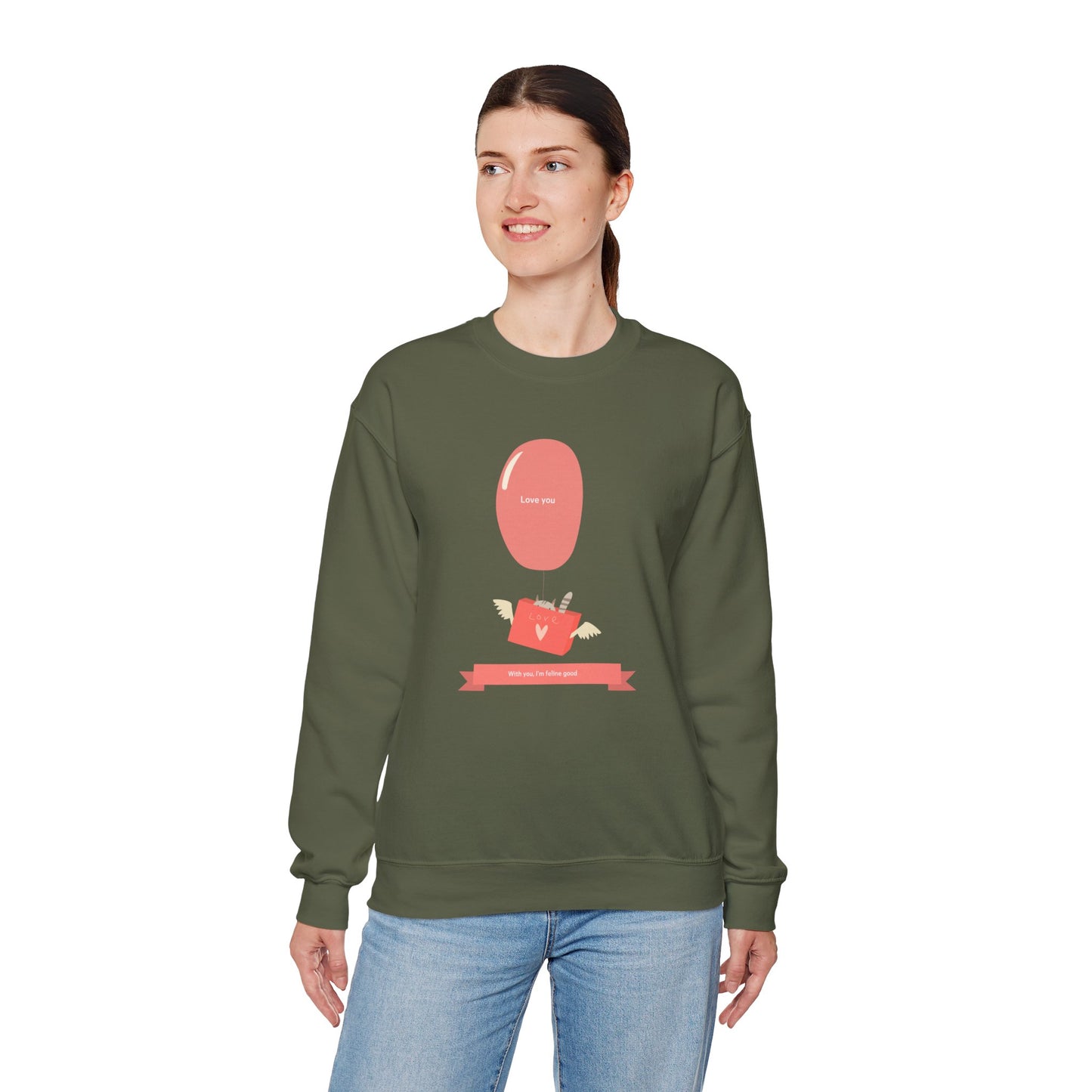 Cat Love Balloon Sweatshirt Unisex Fifty Fifty Cotton Poly Valentine Heavy Blend Crewneck Sweatshirt