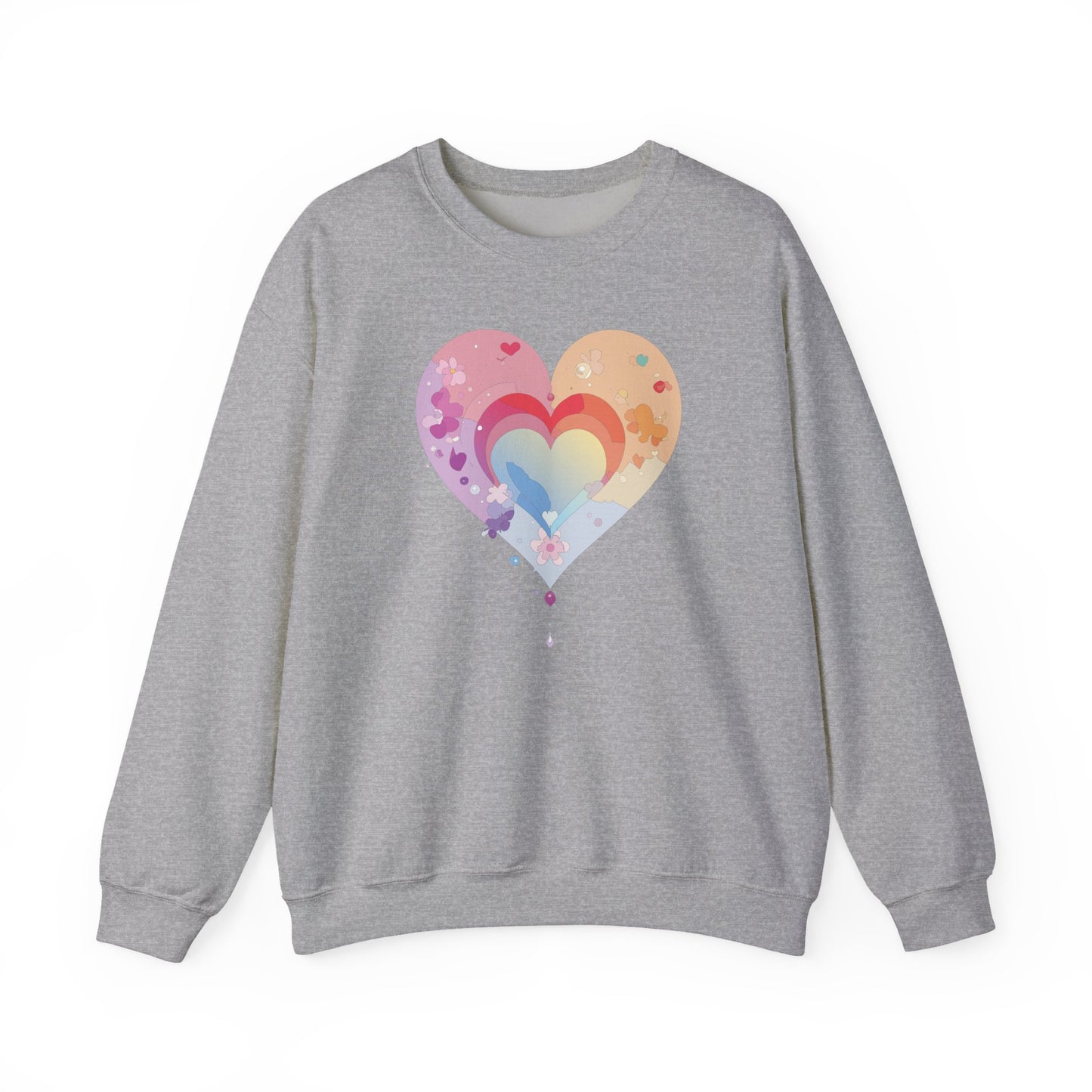 Rainbow Heart Floral Sweatshirt Unisex Valentines Day Gift Cozy Crewneck Sweatshirt