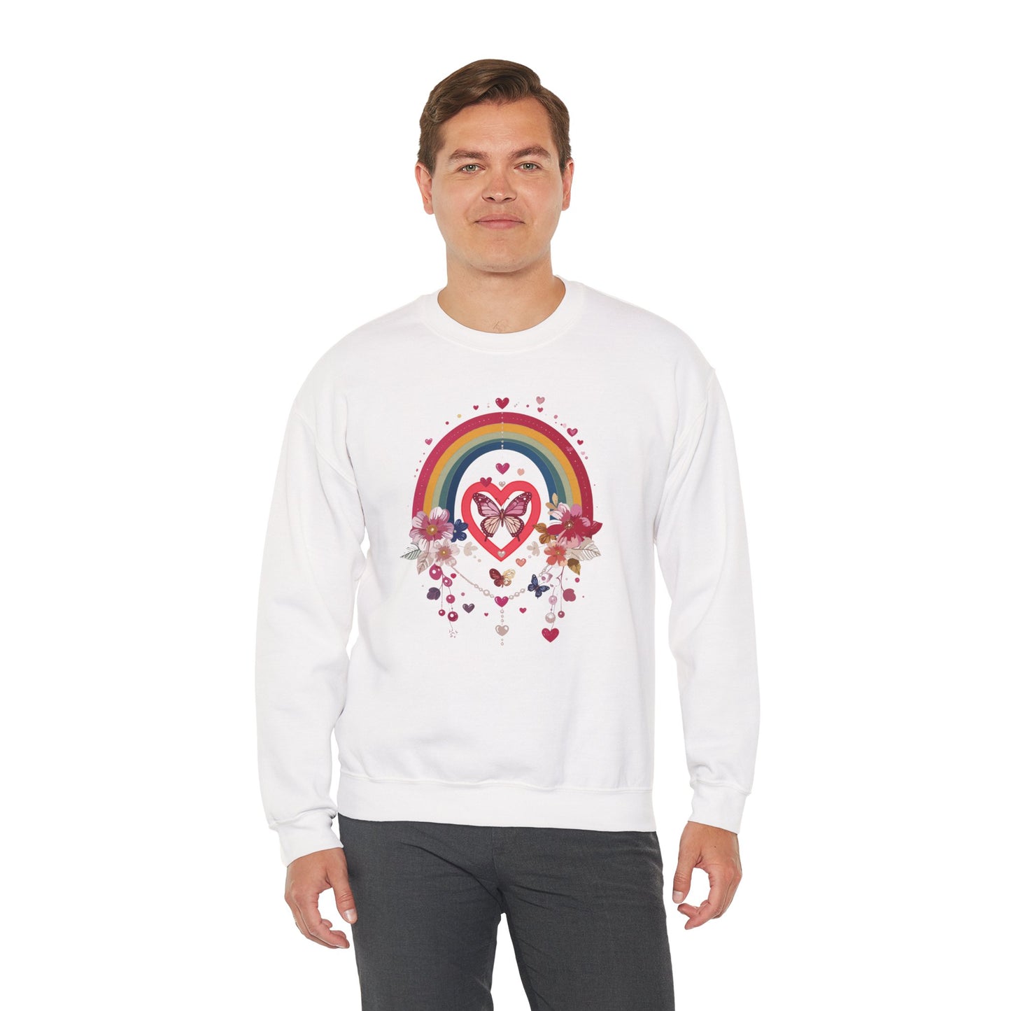 Rainbow Heart Floral Unisex Sweatshirt Crewneck Love Valentine's Day Graphic Gildan 18000