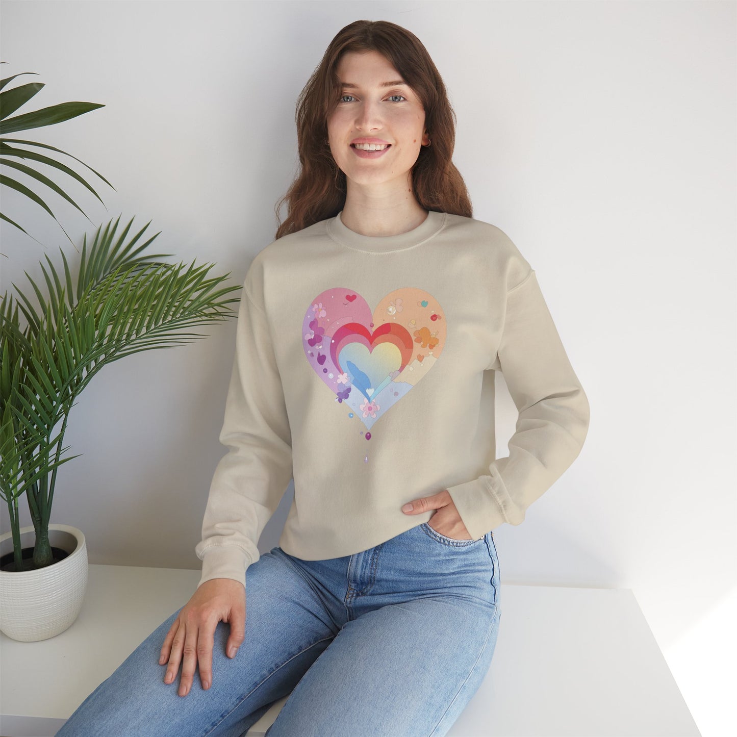Rainbow Heart Floral Sweatshirt Unisex Valentines Day Gift Cozy Crewneck Sweatshirt