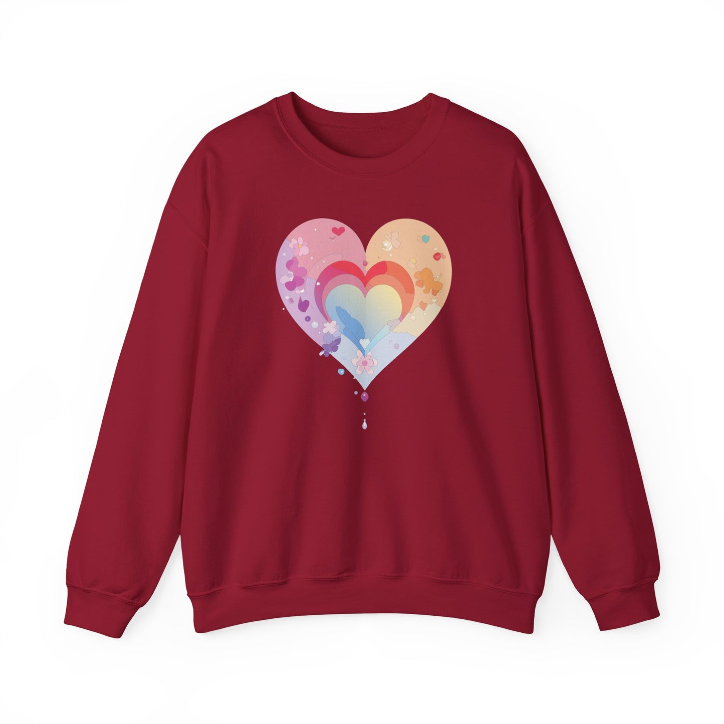 Rainbow Heart Floral Sweatshirt Unisex Valentines Day Gift Cozy Crewneck Sweatshirt