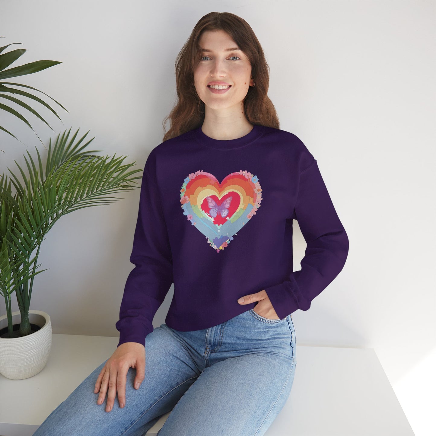 Rainbow Heart Floral Sweatshirt For Valentines Day Unisex Heavy Blend Crewneck Warm