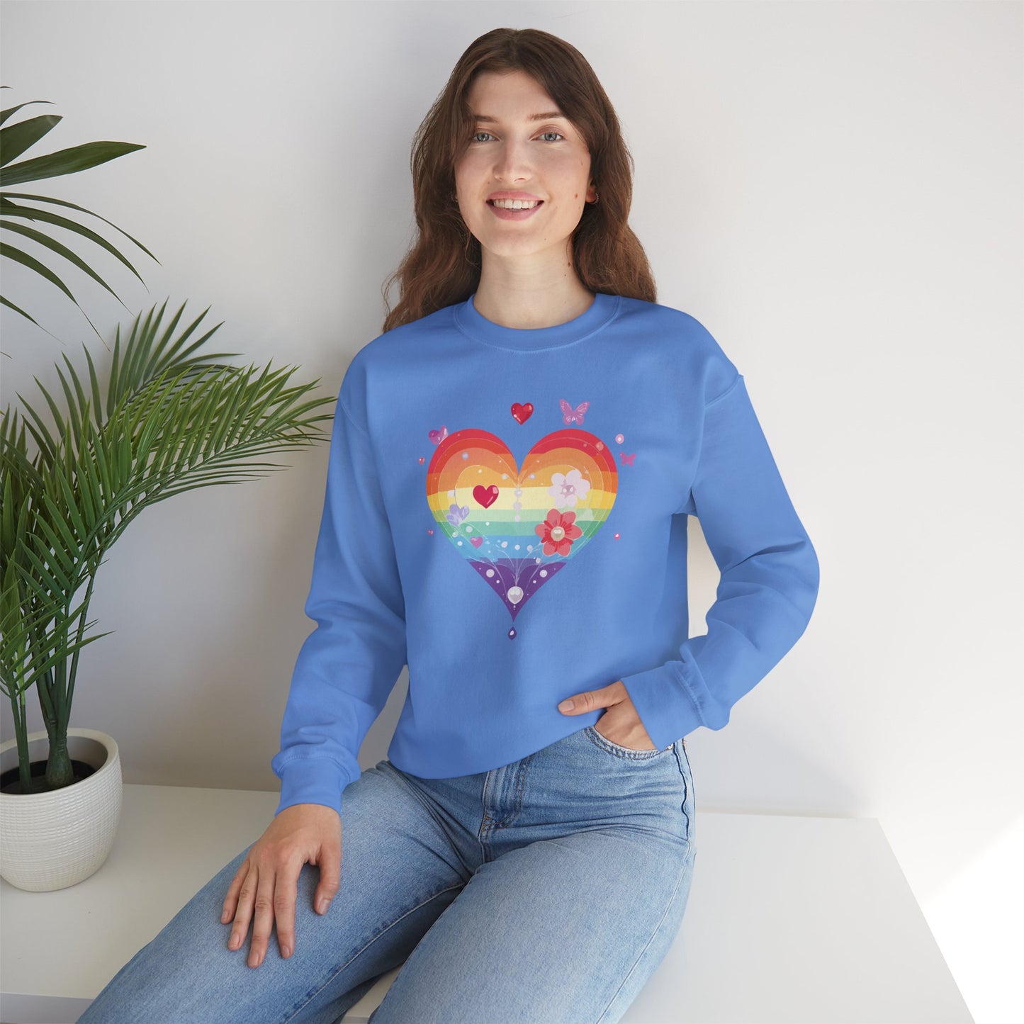Rainbow Heart Floral Sweatshirt Unisex Valentines Day Graphic Love Sweatshirt Gift Idea